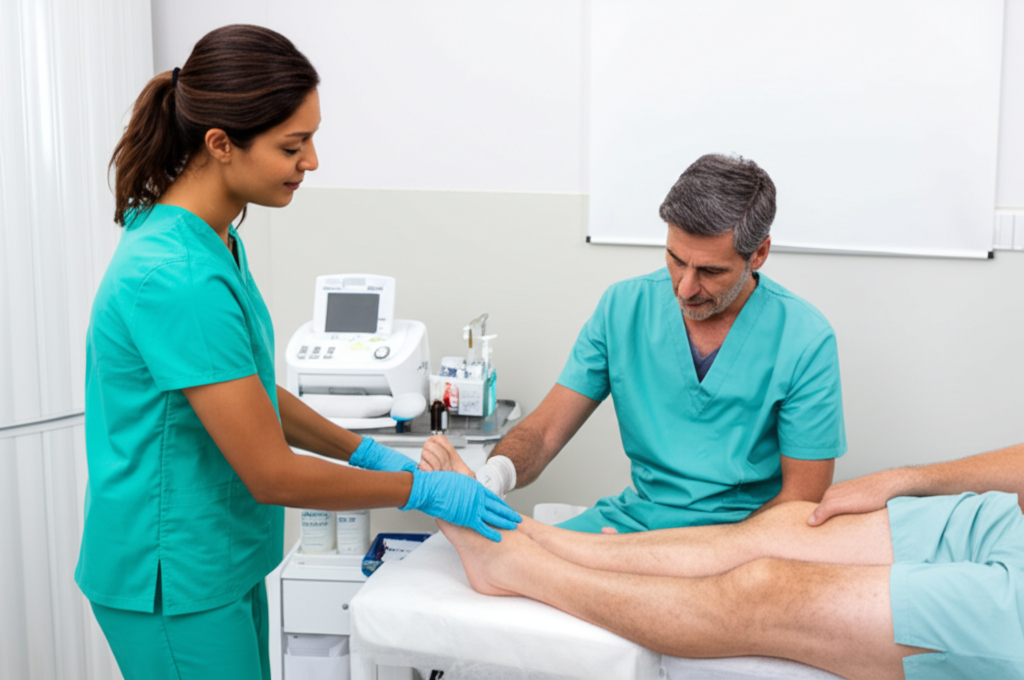 Wound care professional with patient